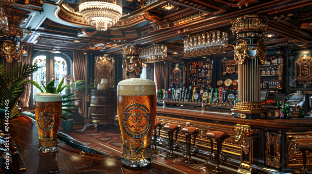 Mugs of beer on table in expensive old styled bar