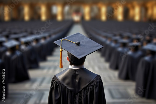 Graduate gazing at a sea of caps, marking a momentous day of achievement photo