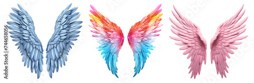 Set of pastel colourful and blue pink, angel devil wings on transparent background cutout, PNG file. Mockup template for artwork graphic design