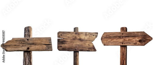 Collection of wooden direction signs with poles, isolated on white or transparent background