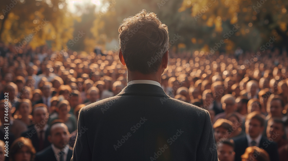 Man politician doing a speech outdoor in front of a crowd of members of a political party , Ai generated image - obrazy, fototapety, plakaty 