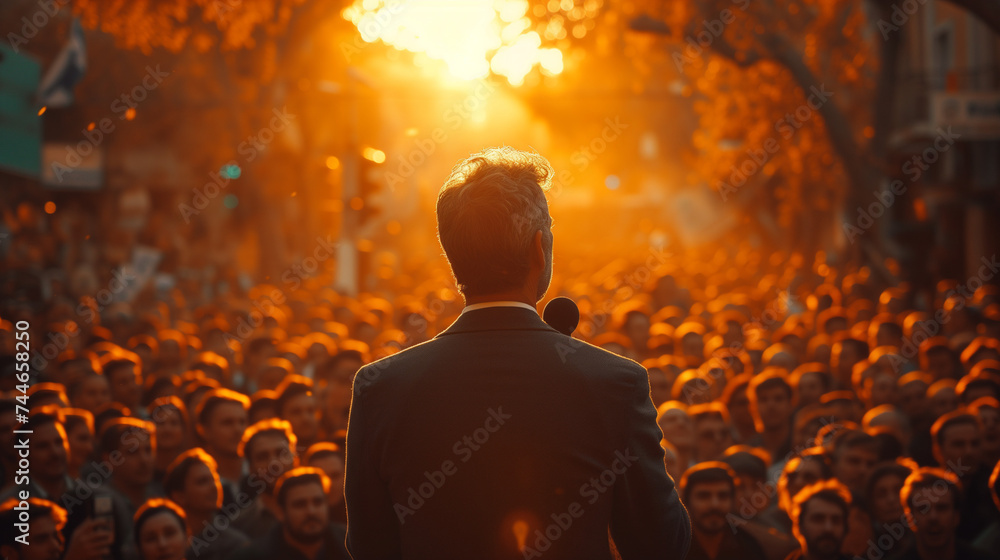Man politician doing a speech outdoor in front of a crowd of members of a political party , Ai generated image - obrazy, fototapety, plakaty 