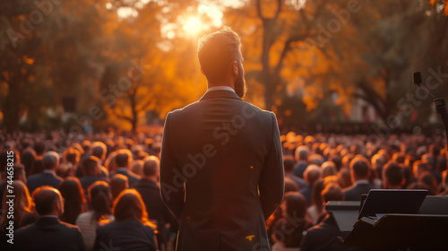 Man politician doing a speech outdoor in front of a crowd of members of a political party , Ai generated image photo