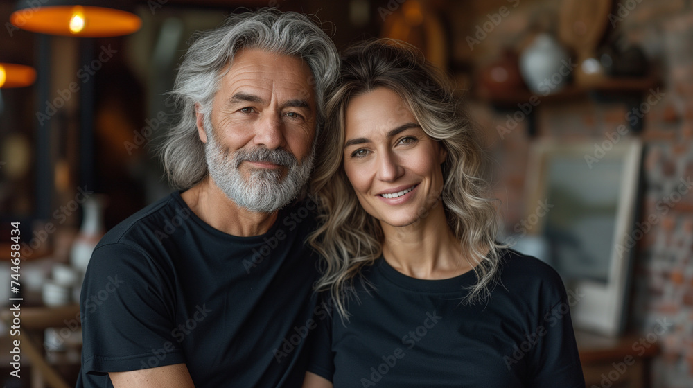 Old mature couple with matching Mockup black t-shirt Mockup , happy lovely man and woman, Ai generated image Old mature couple with matching Mockup black t-shirt Mockup , happy lovely man and woman, Ai generated image