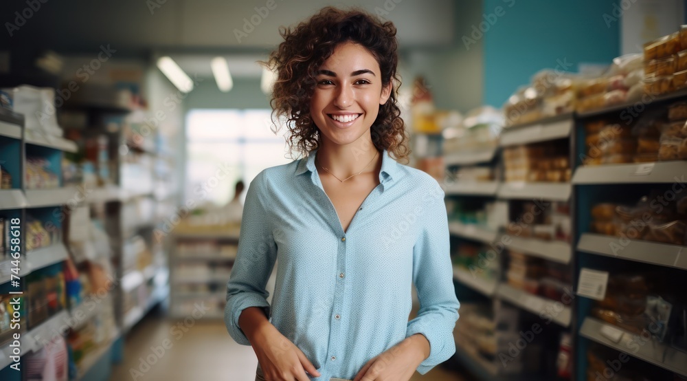 Smiling Saleswoman with Imperfect Skin in Food Store Candid UHD Photography