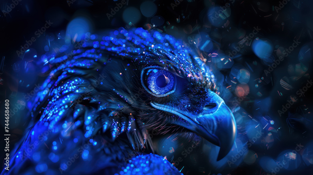 Electric blue vivid-colored head of predatory bird