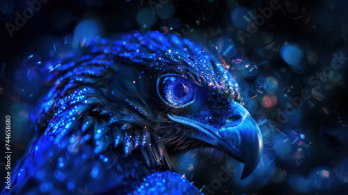 Electric blue vivid-colored head of predatory bird