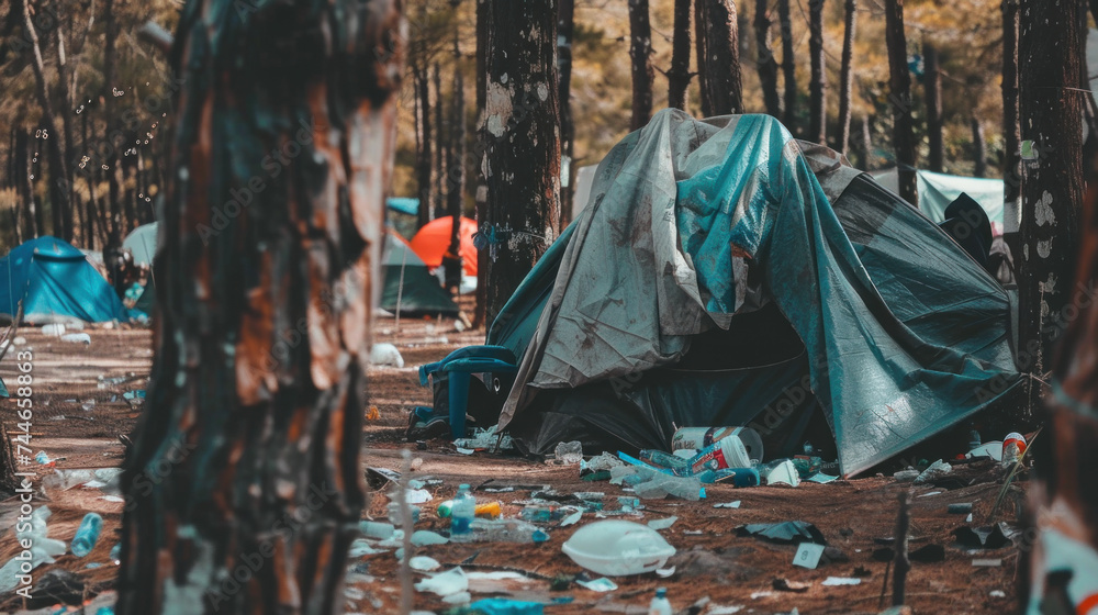 Tent Encampment in park or forest, life conditions of homeless people - obrazy, fototapety, plakaty 
