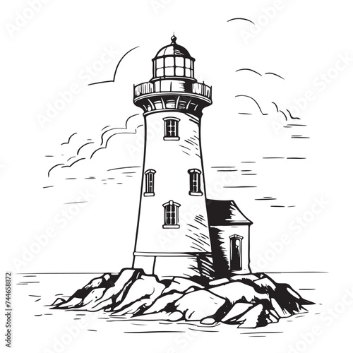 Seascape - view of the coastline, rocks, ocean, waves, lighthouse