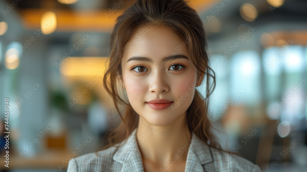 Photo of beautiful chinese business woman age 30 standing in office with confident face looking at the camera, Ai generated image Photo of beautiful chinese business woman age 30 standing in office with confident face looking at the camera, Ai generated image