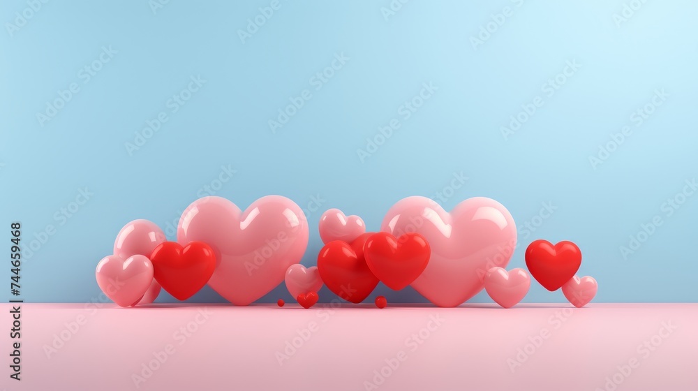 Promotional banner with red heart shaped balloons and clouds in the sky for events and celebrations