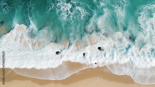 Aerial panoramic view of high resolution sea wave splashing on sandy beach shore