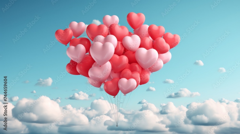 Romantic promotional banner with red heart shaped balloons floating in the clouds