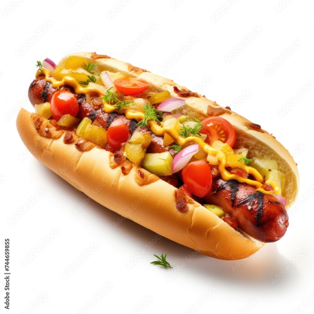 Grilled Hot Dog with Savory Condiments on White Background Grilled Hot Dog with Savory Condiments on White Background