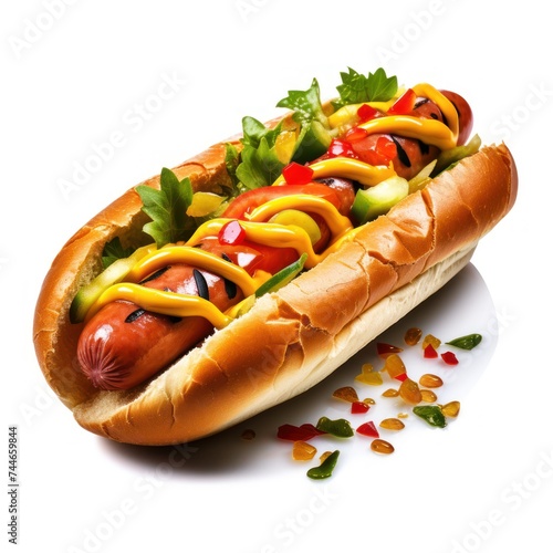 Grilled Hot Dog with Savory Condiments on White Background