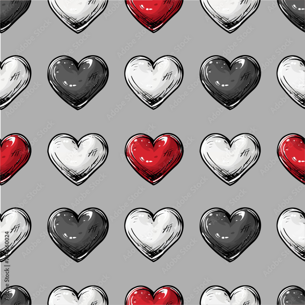 Seamless gothic lovely pattern with black and red and white hearts 