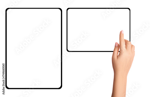 Female hands holding tablet on empty background