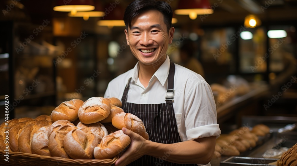 Cheerful baker with a welcoming smile presenting a basket of freshly baked bread in a cozy, well-lit bakery