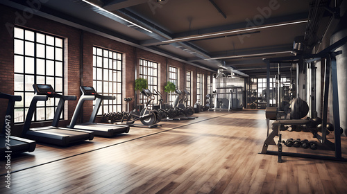 A gym interior with a modern, industrial feel, incorporating cardio machines and weights.