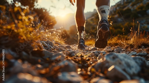 Close-up of a hiker's prosthetic leg on a rocky trail during a vibrant sunset.