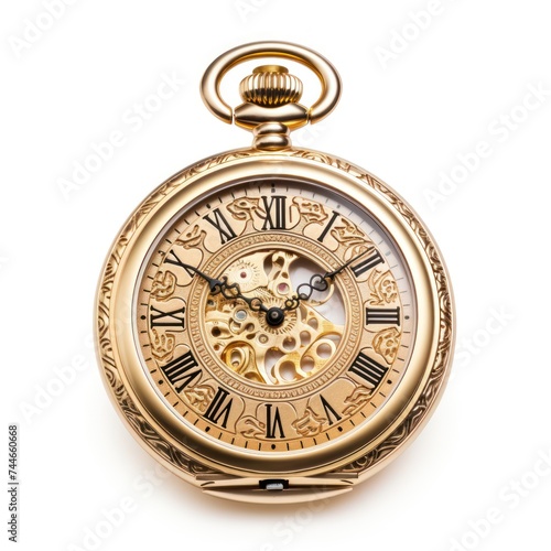 Vintage Golden Pocket Watch with Intricate Engravings Timeless Elegance on White Background