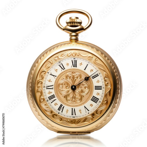 Vintage Golden Pocket Watch with Intricate Engravings Timeless Elegance on White Background