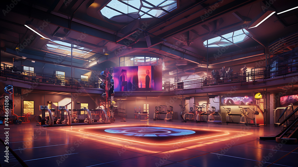 A gym interior with a music festival atmosphere, featuring stage-inspired workout areas and live DJ sessions.
