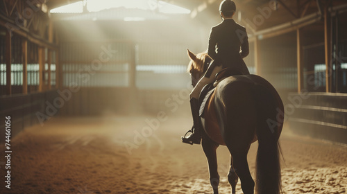 Cinematic shot of young male horsemanship master dressed in a professional apparel is practicing exercises for competition of horse racing and dressage on a riding hall © fifthplanet