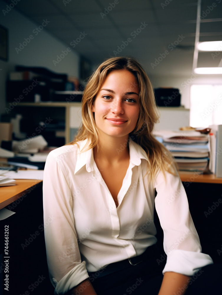 Portrait of a woman in an office wearing a white shirt, shot on film