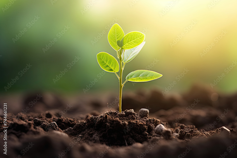 Small Tree Growing from Soil with Sunrise Bokeh Green Background - World Earth Day, Environment Day Concept Small Tree Growing from Soil with Sunrise Bokeh Green Background - World Earth Day, Environment Day Concept