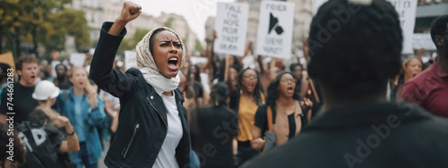african american woman with raised fist amidst diverse crowd during protest. Expression of emotion palpable, surrounded by fellow protesters holding signs, united in cause against backdrop of city photo