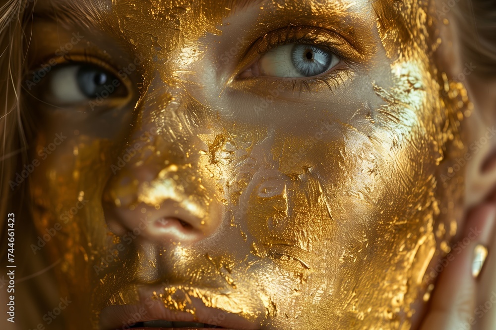 close up of an woman's face wearing golden flake makeup close up of an woman's face wearing golden flake makeup