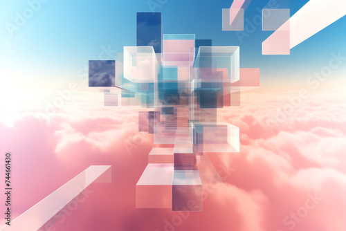 Dive into a dream-like scape of geometric shapes floating above a serene pink cloud