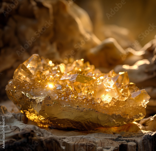 golden crystal mineral stone in a sunlit cave