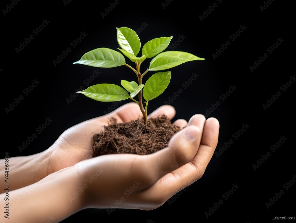 Growing Green Hand Holding Young Plant on White Background Growing Green Hand Holding Young Plant on White Background