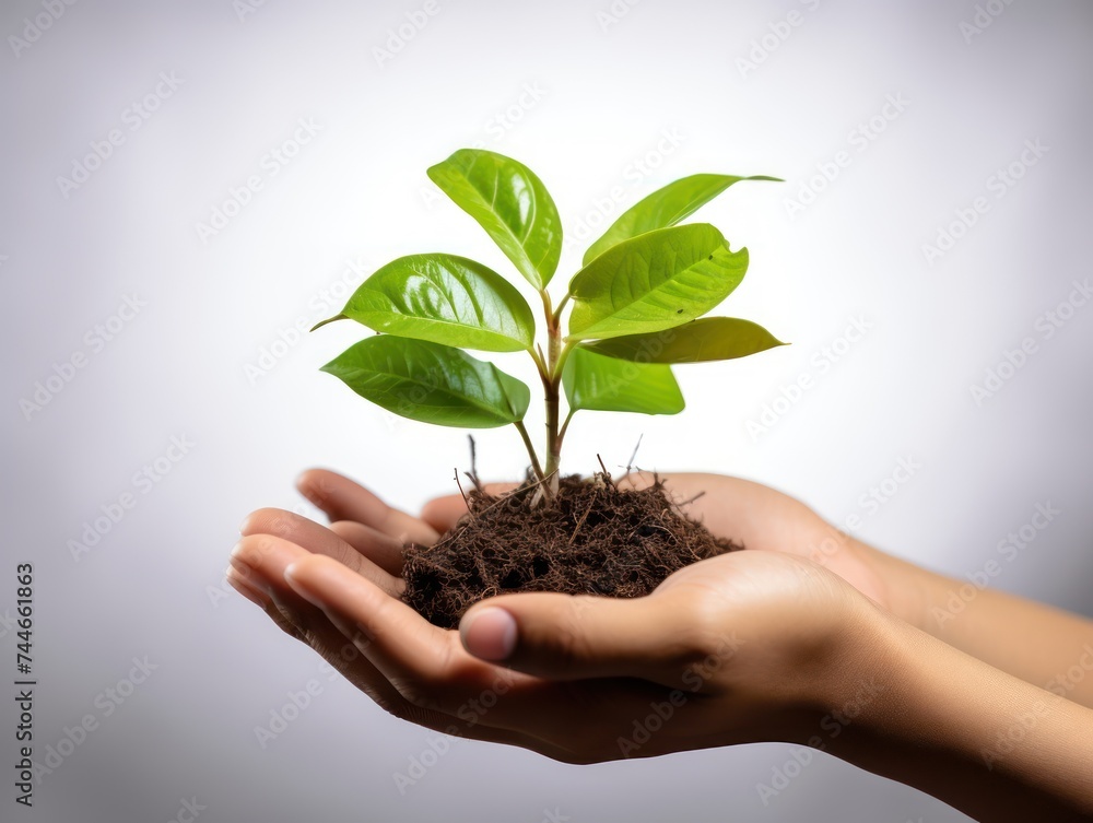 Growing Green Hand Holding Young Plant on White Background Growing Green Hand Holding Young Plant on White Background