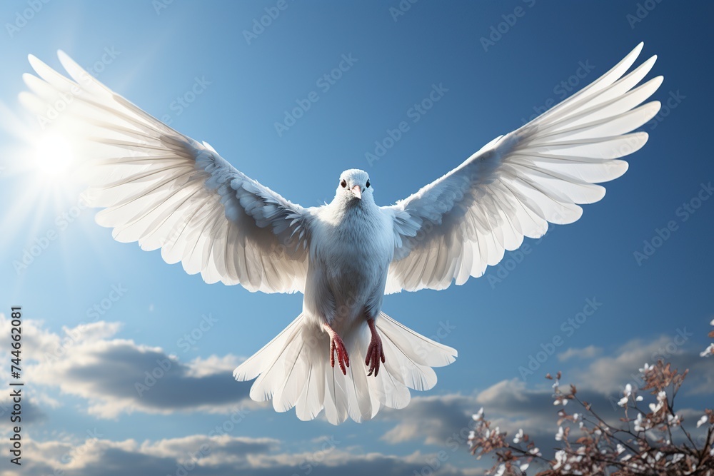 Obraz premium A white dove in full flight, wings spread wide against a stunning sunset sky, symbolizing peace and freedom.