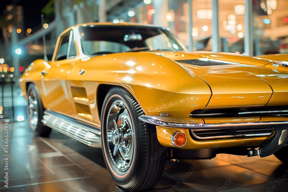 Classic yellow vintage car on display at a night city car show, showcasing elegance and style.