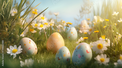 Revelations in Nature's Tapestry: Delving into the Secrets of a Grassy Meadow Where an Easter Egg Lies Near the Radiant Sun Backgrounds photo