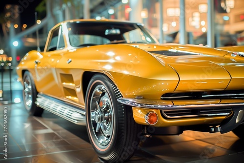 Classic yellow vintage car on display at a night city car show, showcasing elegance and style. © apratim
