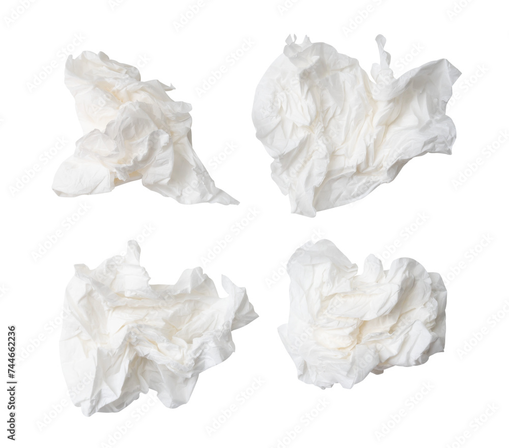 Top view set of crumpled tissue paper or napkin after use in toilet or restroom isolated with clipping path in png file format