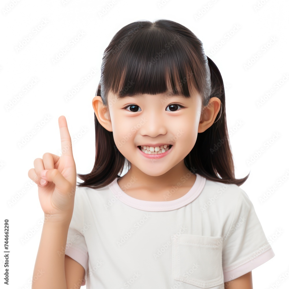 Smiling Asian Girl with Hand Gesture Isolated White Background Smiling Asian Girl with Hand Gesture Isolated White Background