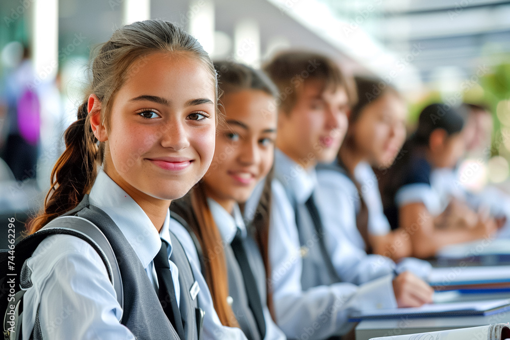 Teen Girl in Uniform on First School Day. A joyful teenage girl wearing a school uniform and backpack beams on her first day back at a vibrant school campus. Teen Girl in Uniform on First School Day. A joyful teenage girl wearing a school uniform and backpack beams on her first day back at a vibrant school campus.