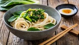 Asian vegetarian food udon noodles with bok choy. Traditional Japanese cuisine.