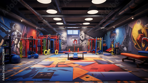 A gym interior with a superhero training theme, complete with obstacle courses and superhero-inspired equipment. © Muhammad