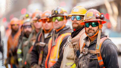 Portrait of a confident construction worker with his team lined up in the background.