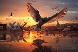 A mesmerizing scene of a flock of white doves taking flight against the golden sunrise, symbolizing hope and peace.