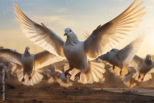 A mesmerizing scene of a flock of white doves taking flight against the golden sunrise  symbolizing hope and peace.