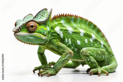 green chameleon on white background