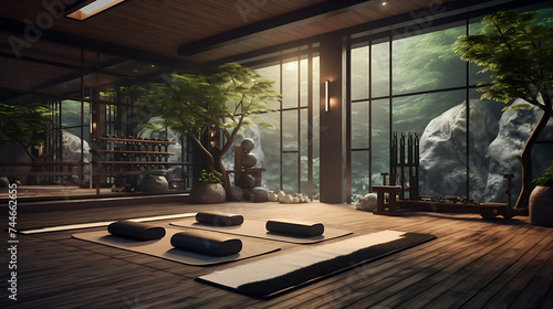 A gym interior with a Zen garden and relaxation area for a calming workout environment.